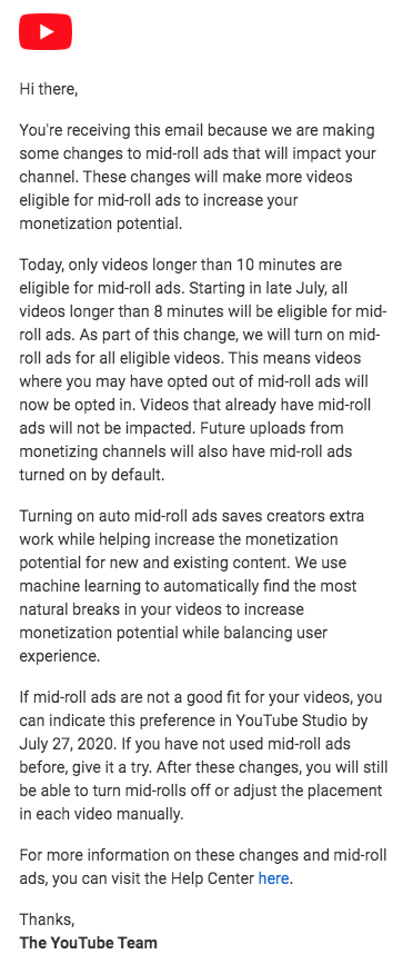 YouTube email about mid-roll-monetization